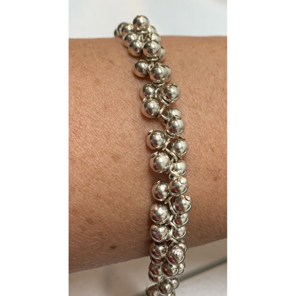 Vintage Beaded Double Strand Bracelet 925 Silver Tone 7”
